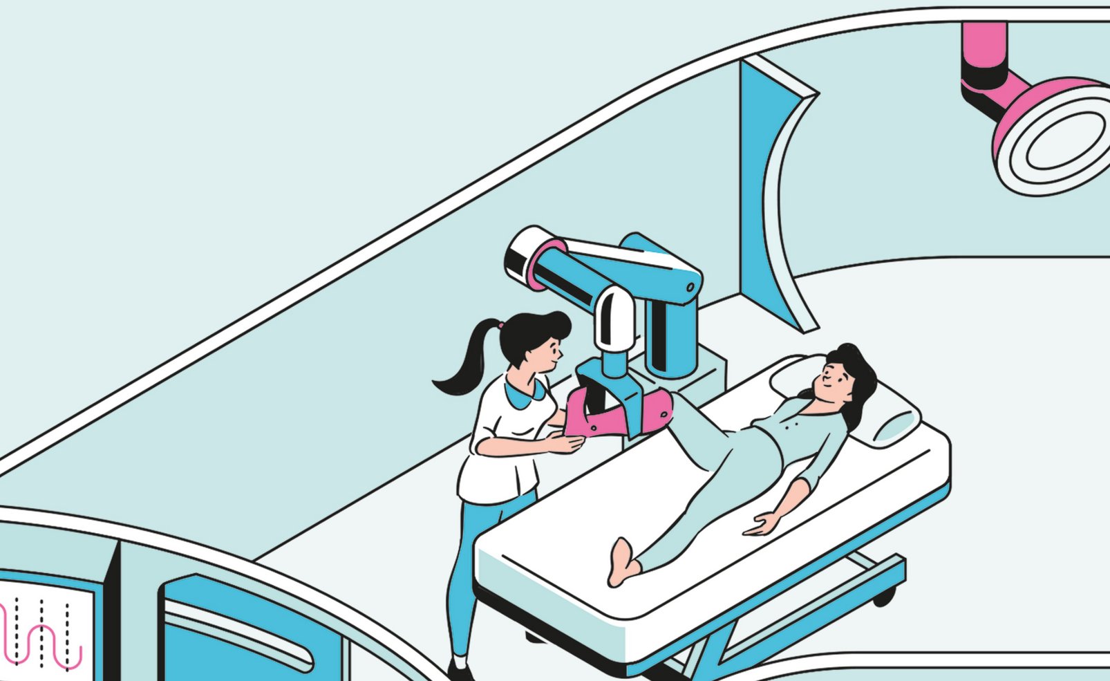 Illustration einer Frau auf einer Behandlungsliege, die ihr Bein in einen Roboterarm legt. Daneben steht eine weitere Frau die ihr hilft.