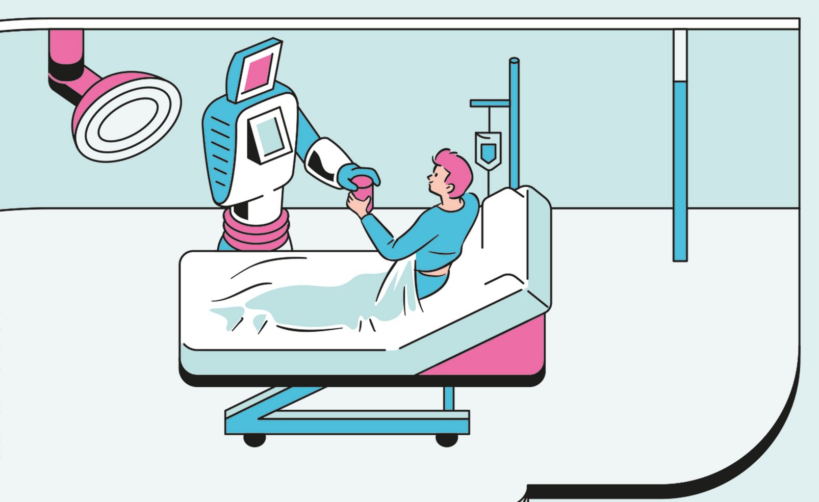 Illustartion eines Patienten im Krankenhausbett, der einem Roboter die Hand schüttelt.