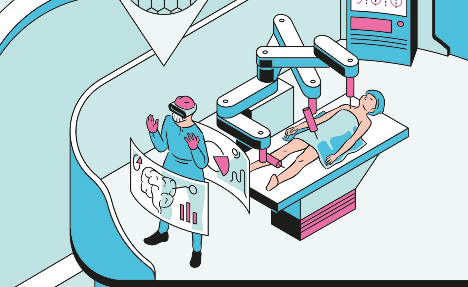 Illustration eines Menschen, der von einem Roboter operiert wird. Daneben steht ein Arzt, der eine VR Brille trägt und von Animationen umgeben ist.