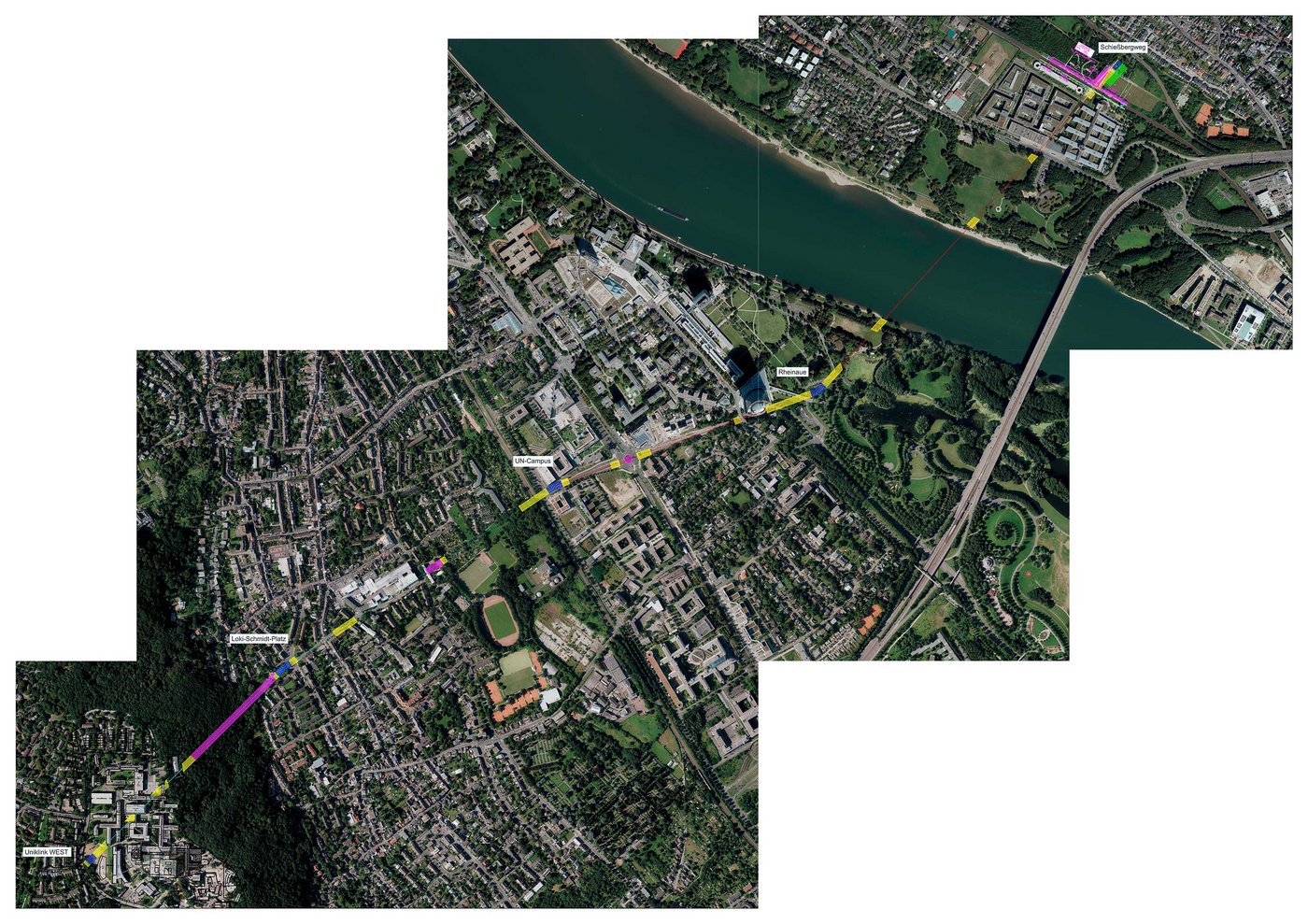 Satellitbild von Bohn. In dieses ist in Farbe die mögliche Route einer zukünftigen Seilbahn eingezeichnet.