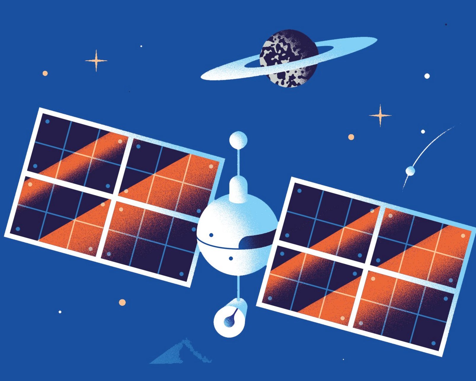 Illustration einer Antenne im Weltall, neben einem Planeten auf baluem Hintergund.