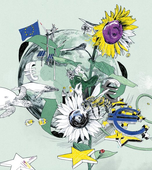 Illustration mit Weltkugel auf grünem Untergrund. Vor und auf der Weltkugel befinden sich Solaranlagen, Windräder, eine EU-Flagge, Tiere, Pflanzen, sowie ein Stromstecker und Geldmünzen.