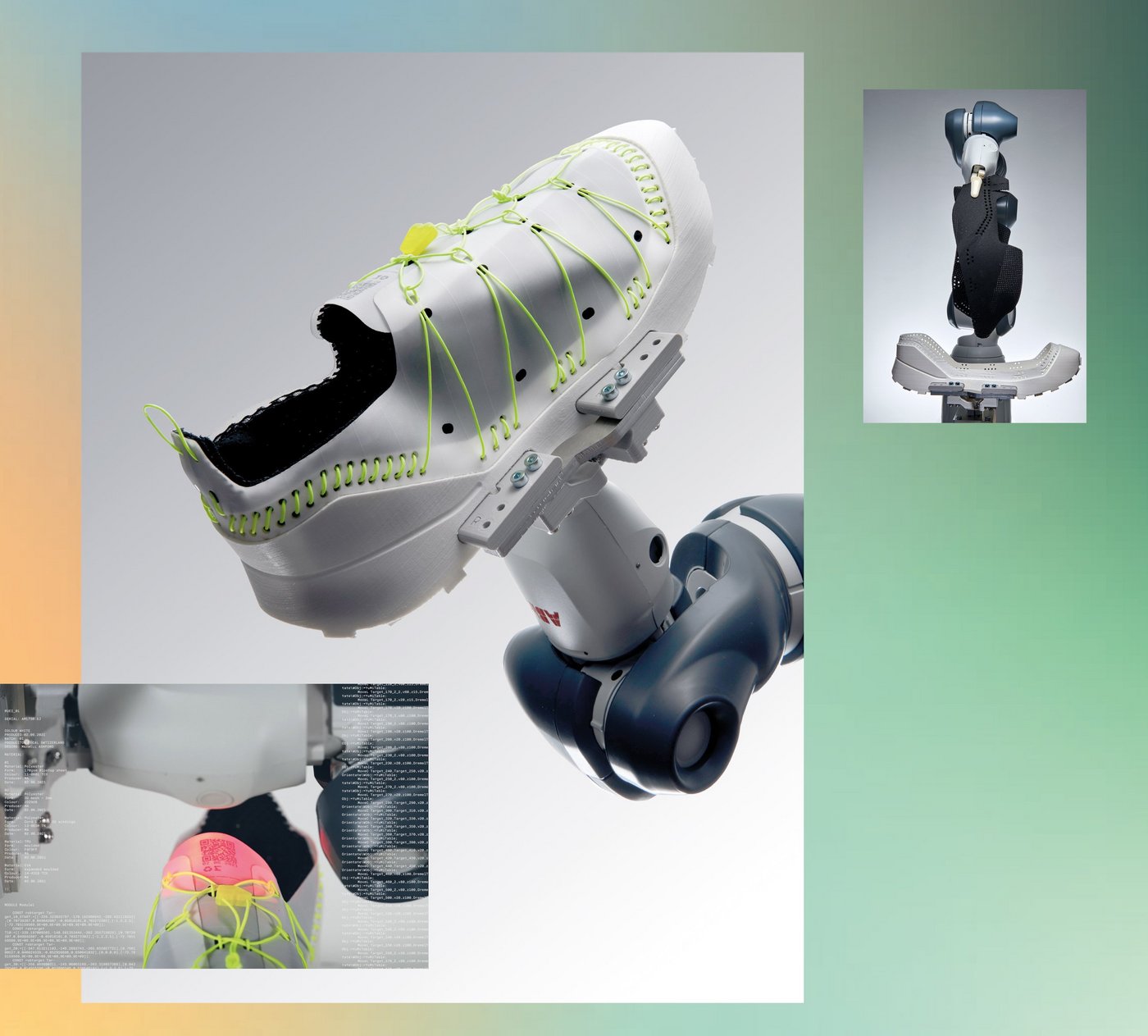 Collage aus 3 Bildern auf farbverlaufendem Hintergrund. Abgebildet sind unterschiedliche Stationen eines Sneakerfertigungsprozesses, der durch einen Roboter ausgeführt wird.
