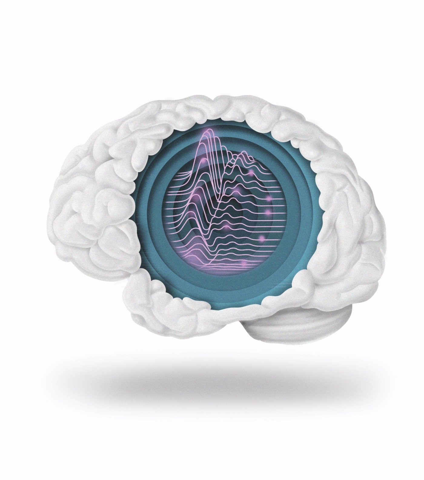 Illustration des Gehirns mit Wellen und blinkenden Punkten im Inneren.