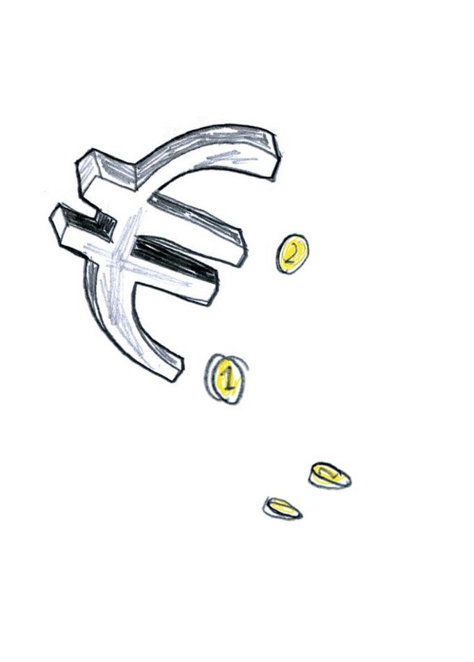 Illustration des Eurozeichens mit 4 Geldmünzen auf weißen Untergrund.