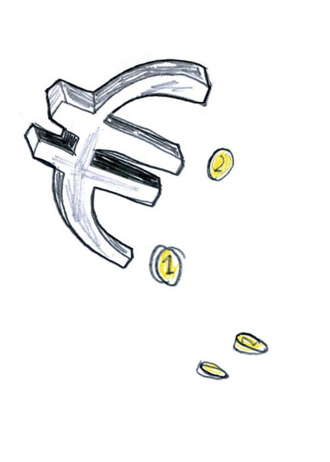 Illustration of the euro sign with 4 coins on a white background