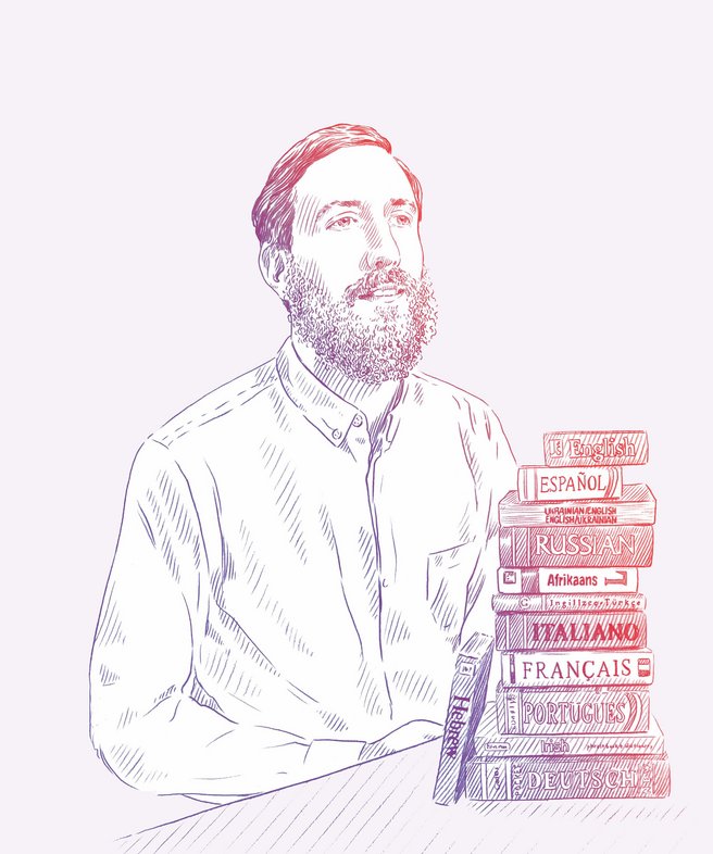 Illustration von Sprachwissenschaftler und Sprachlerncoach Matthew Youlden. Er sitzt neben einem Stapel Wörterbücher.