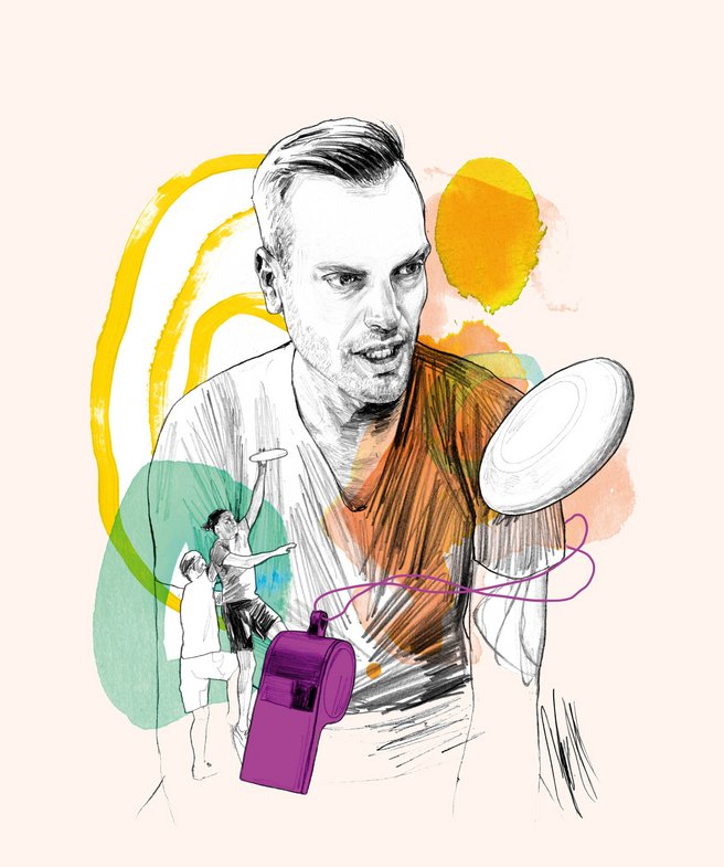Illustrierte Collage mit Philipp Hartmann, zwei Frisbeespieler:innen, einer Frisbeescheibe und Trillerpfeife.