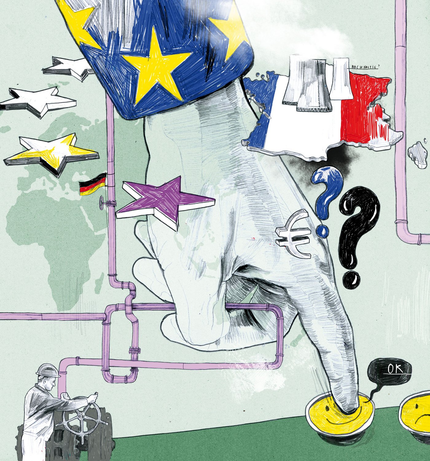 Illustration von EU-Sternen, des französischen Landstrichs auf dem Kernkraftwerke stehen, Pipelines an denen eine Deutschlandflagge hängt und einer großen Hand, die aus einem EU-farbenen Blazer ragt und einen Knopf betätigt. 