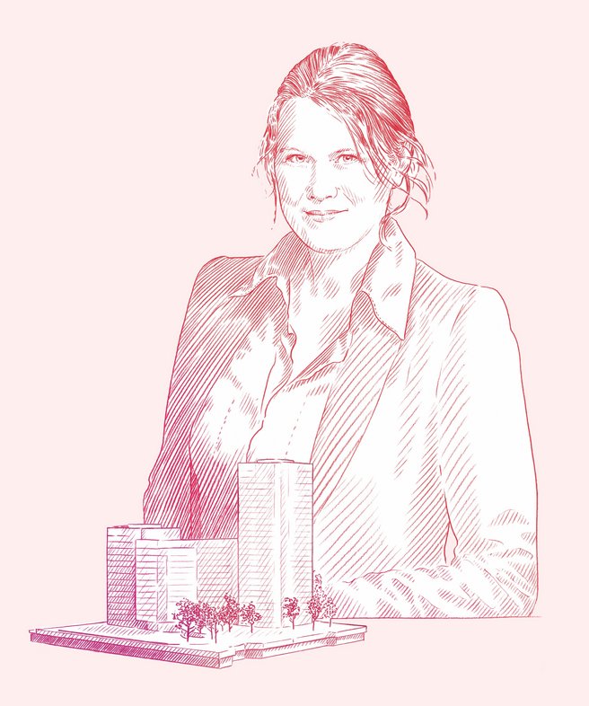 Illustration Archtiektin Wiebke Ahues. Vor ihr steht das Modell eines Gebäudes.