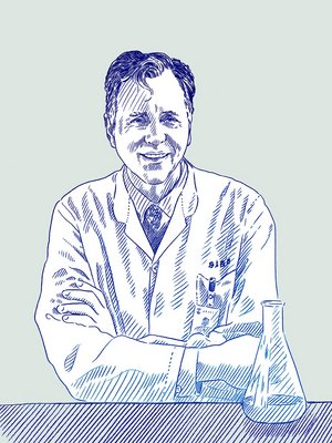 Illustration des Mediziners und Mikrobiologen Barry Marshall, lächelnd, die Arme verschrenkt vor Reagenzglas.