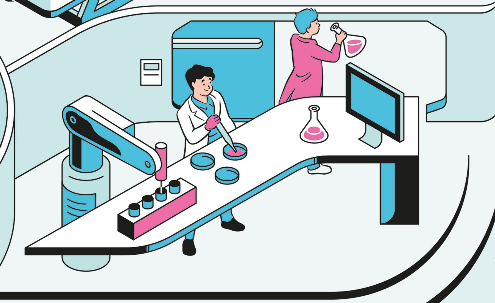 Illustration eines Labors, in dem zwei Menschen arbeiten.