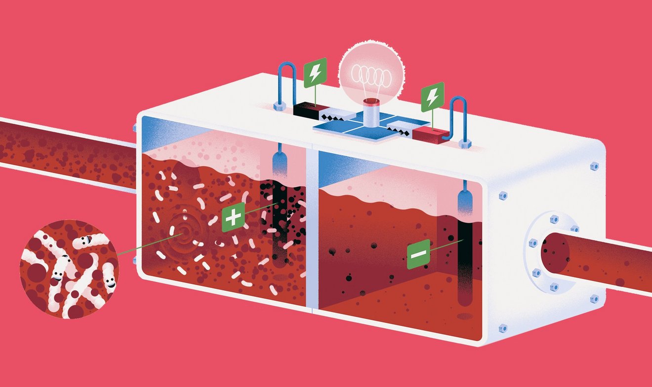 Illustration eines Stromgenerators, in welchem sich Abwasser befindet. Besonders herausgestellt sind Bakterien.
