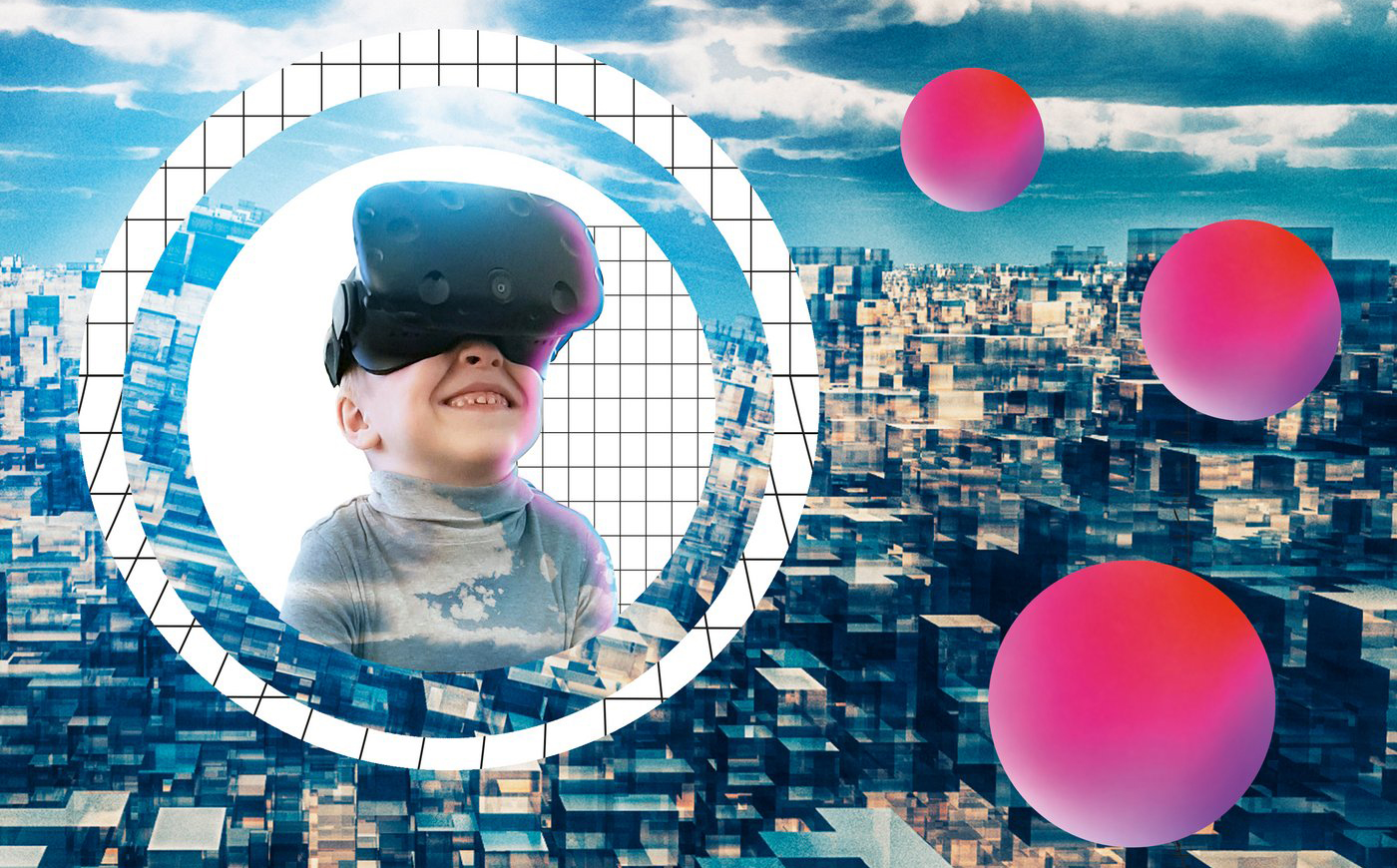 Ein Junge trägt eine VR Brille und lacht dabei. Im Hintergrund ist eine Stadt illustriert.